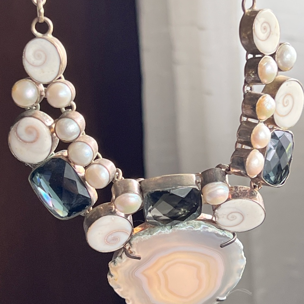 Silver and White Statement Necklace with Pearls
